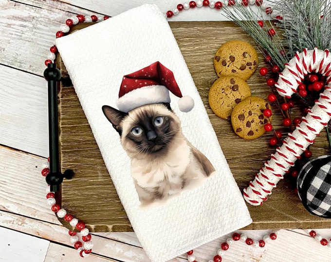 Christmas Siamese Cat Kitchen Towel: Santa Hat Waffle Towel