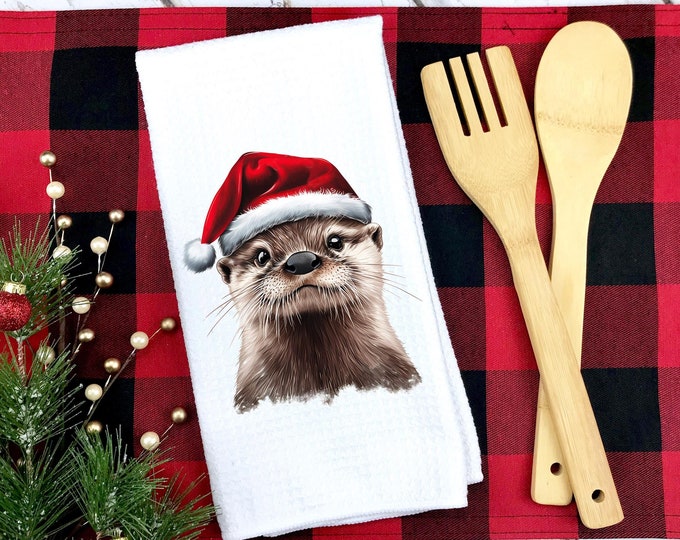 Christmas Otter Kitchen Towel: Santa Hat Waffle Weave Microfiber