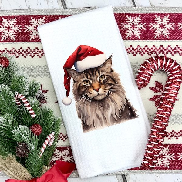 Christmas Maine Coon Kitchen Towel | Kitchen Tea Towel | Maine Coon Towel | Christmas Gift | Cat Christmas Gift | Coworker Gift