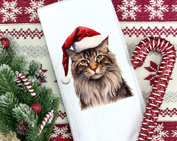 Christmas Maine Coon Kitchen Towel | Kitchen Tea Towel | Maine Coon Towel | Christmas Gift | Cat Christmas Gift | Coworker Gift