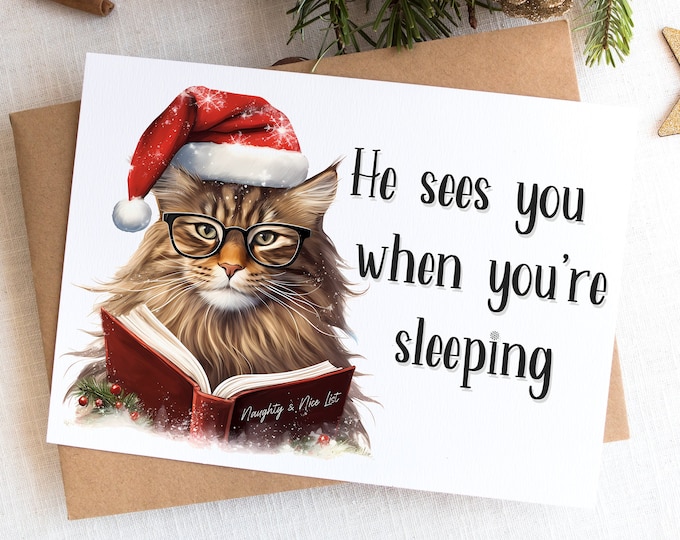 Maine Coon Cat Christmas Card | 5x7 | Kraft Envelope | Greeting Card | Maine Coon Holiday Card | Personalize | Message