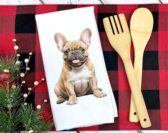 Personalized French Bulldog Kitchen Towel: Cream Frenchie Waffle Weave Towel