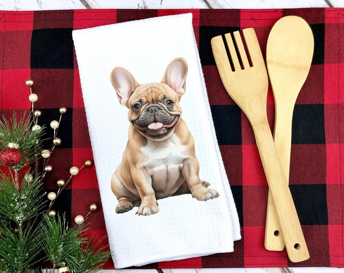 Personalized French Bulldog Kitchen Towel: Cream Frenchie Waffle Weave Towel
