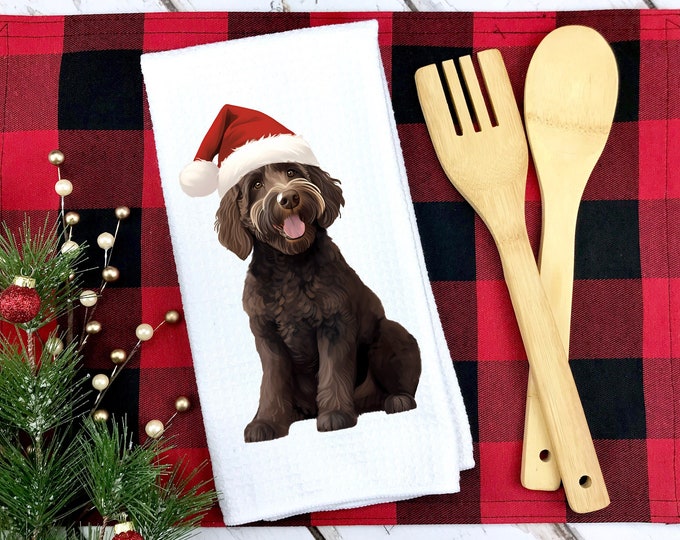 Christmas Goldendoodle Kitchen Towel: Santa Hat Dog Waffle Tea Towel