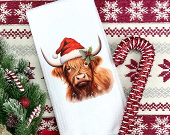 Christmas Highland Cow Kitchen Towel | Kitchen Tea Towel | Highland Cow Towel | Christmas Gift | Cow Christmas Gift | Coworker Gift