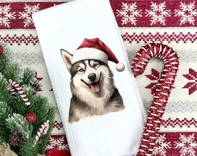 Christmas Husky Kitchen Towel: Santa Hat Dog Lover Gift