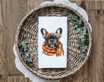 Fall Frenchie Kitchen Towel | Kitchen Tea Towel | Brindle French Bulldog Towel | Fall Decor Gift | Coworker Gift | Frenchie Lover Gift