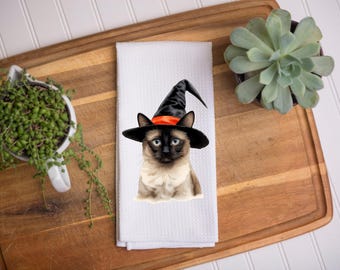 Halloween Siamese Kitchen Towel | Kitchen Tea Towel | Siamese Cat Towel | Halloween Gift | Cat Halloween Gift | Coworker Gift