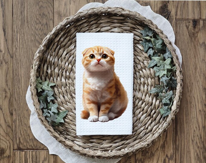 Orange Scottish Fold Cat Kitchen Towel: Decorative Cat Lover Gift