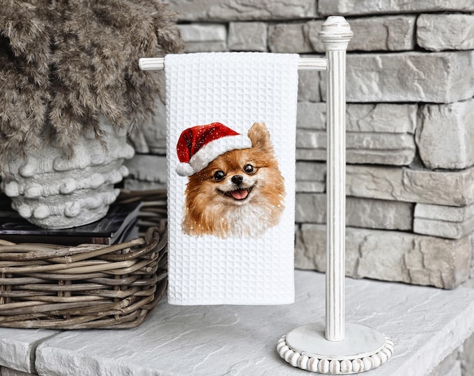 Christmas Pomeranian Kitchen Towel: Santa Hat Dog Waffle Weave