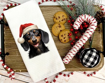 Christmas Dachshund Kitchen Towel: Santa Hat Doxie Tea Towel