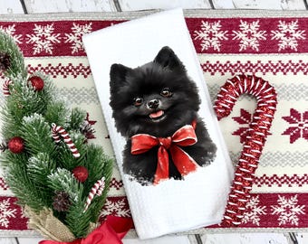 Christmas Pomeranian Kitchen Towel: Santa Hat Dog, Microfiber Waffle Weave