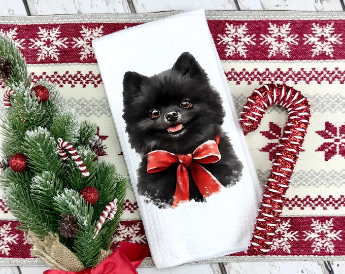 Christmas Pomeranian Kitchen Towel: Santa Hat Dog, Microfiber Waffle Weave