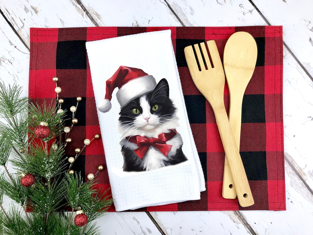 Christmas Tuxedo Cat Kitchen Towel Kitchen Tea Towel Tuxedo Cat Towel Christmas Gift Cat
