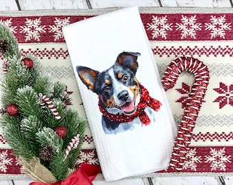 Christmas Blue Heeler Kitchen Towel: Santa Dog Waffle Weave Towel