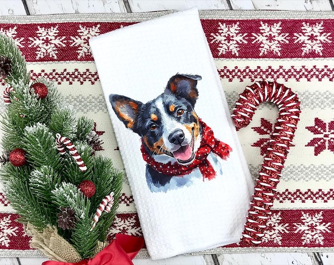 Christmas Blue Heeler Kitchen Towel: Santa Dog Waffle Weave Towel
