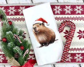Christmas Capybara Tea Towel: Santa Hat Waffle Weave Kitchen Decor