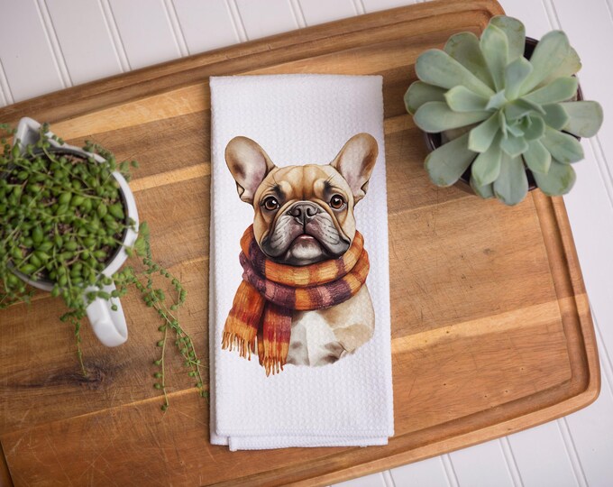 Fall Frenchie Kitchen Towel | Kitchen Tea Towel | Fawn French Bulldog Towel | Fall Decor Gift | Coworker Gift | Frenchie Lover Gift