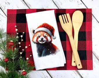 Christmas Red Panda Tea Towel: Santa Hat Kitchen Decor