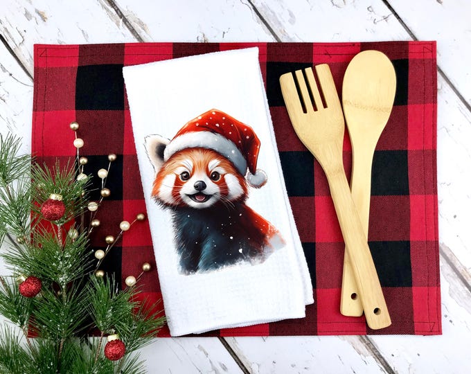 Christmas Red Panda Tea Towel: Santa Hat Kitchen Decor