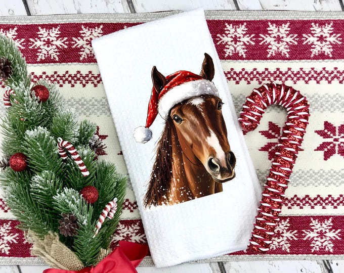 Christmas Horse Kitchen Towel | Tea Towel | Brown Horse Towel | Christmas Gift | Horse Lover Gift | Stocking Stuffer