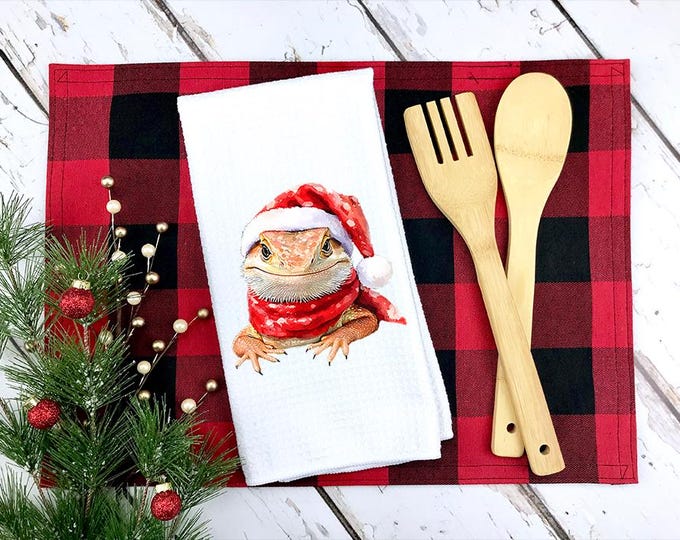 Christmas Bearded Dragon Kitchen Towel: Festive Holiday Decor, Gift for Reptile Lovers