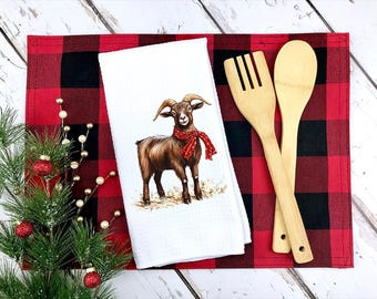 Christmas Goat Kitchen Towel: Santa Hat, Microfiber Waffle Weave