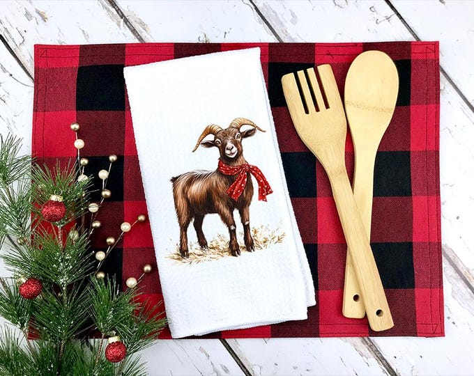 Christmas Goat Kitchen Towel: Santa Hat, Microfiber Waffle Weave