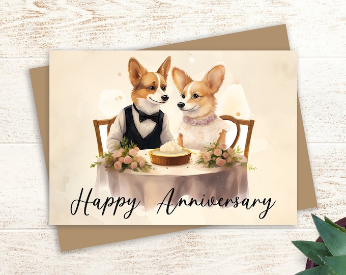 Vintage Corgi Anniversary Card: Romantic Welsh Corgi Gift (5x7 with Envelope)