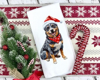 Christmas Blue Heeler Kitchen Towel: Santa Dog Waffle Weave