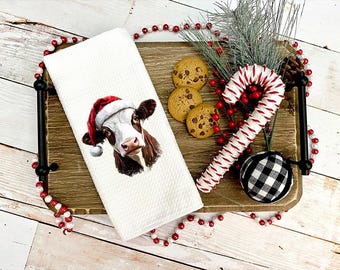 Christmas Hereford Cow Kitchen Towel: Festive Farmhouse Decor