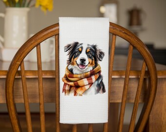 Fall Aussie Kitchen Towel | Kitchen Tea Towel | Merle Australian Shepherd Towel | Fall Decor Gift | Coworker Gift | Aussie Lover Gift