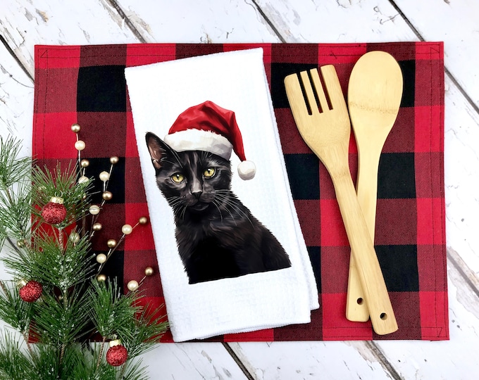 Christmas Black Cat Kitchen Towel: Santa Hat Waffle Weave