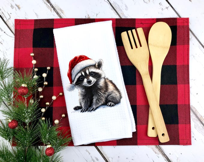 Christmas Raccoon Tea Towel: Santa Hat, Microfiber Waffle Weave