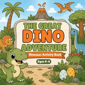 May include: A square activity book cover titled THE GREAT DINO ADVENTURE Dinosaur Activity Book Ages 4-6. The illustration features a green T-Rex, a triceratops, a blue long-necked dinosaur, a green stegosaurus, and a flying pterodactyl in a jungle.