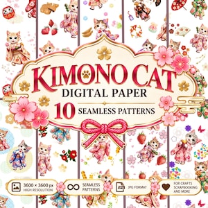 以下が含まれることがあります： 着物を着た猫、桜、イチゴ、日本の伝統的なモチーフのイラストが描かれた10種類のシームレスパターンを含むデジタルペーパーセット。中央のラベルには「KIMONO CAT DIGITAL PAPER 10 SEAMLESS PATTERNS」と記載されています。