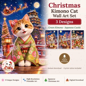 以下が含まれることがあります： クリスマス着物の猫のウォールアートセット3種。緑の花柄着物を着た猫、日本のお城、クリスマスツリー、そりに乗ったサンタクロースが描かれています。テキストには「Christmas Kimono Cat Wall Art Set」「3 Designs」「Green Kimono」「Japanese Castle」「Digital Download」と記載されています。