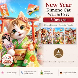 以下が含まれることがあります： 新年の着物猫のウォールアートセット。メイン画像は、花柄の緑の着物を着てピンクの髪飾りをつけ、羽子板を持った猫です。テキストには「New Year Kimono Cat Wall Art Set」と書かれています。デジタルダウンロード用の3つのデザインが含まれています。