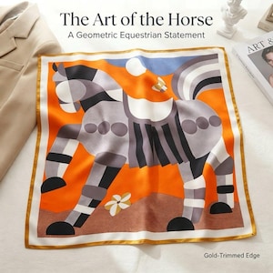 May include: A square silk scarf featuring a stylised geometric horse graphic in shades of grey, black, and white against a vibrant orange background. The design includes a gold-trimmed edge, a small white flower, and a butterfly motif.