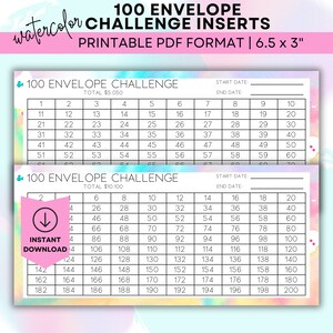 May include: Printable PDF inserts for a 100 envelope challenge, with a watercolour design. The inserts are 16.5 x 7.6 cm and include spaces to track savings up to £4,040 and £8,080. Includes a download button.