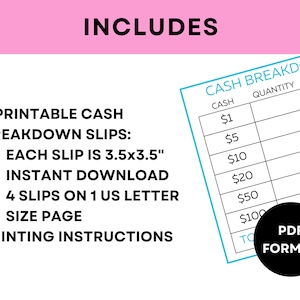 Printable Cash Breakdown Slip Printable Teller Slip Cash Withdrawal Slip Cash Denomination Slip Cash Budgeting Printable Cash Stuffing image 4