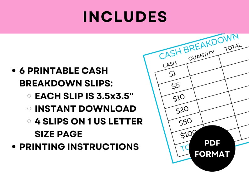 Printable Cash Breakdown Slip Printable Teller Slip Cash Withdrawal Slip Cash Denomination Slip Cash Budgeting Printable Cash Stuffing image 4