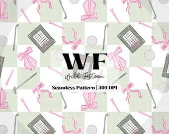 Green Golf Seamless Pattern PNG, Green Checkered Golf Seamless Digital Paper, Coquette Golf PNG, Golf Bow PNG Pattern, Golf Digital Paper