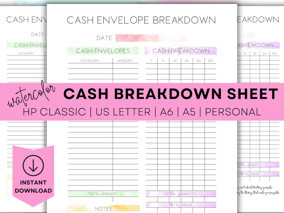 Printable Cash Envelope Breakdown Sheet Printable Cash Denomination