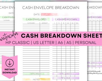 May include: Printable cash envelope breakdown sheet with a watercolor background. The sheet includes sections for date, cash envelopes, category, amount, and cash breakdown. The sheet is designed for personal use and is available in US Letter, A6, A5, and HP Classic sizes.