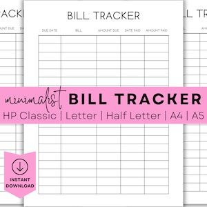 Printable Bill Tracker Printable Monthly Bill Checklist Printable Expense Tracker Happy Planner Printable Planner Insert Minimalist Planner