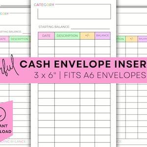 May include: Printable cash envelope inserts for budgeting. Three blank templates with columns for date, description, plus or minus, and balance. The templates are 3 inches by 6 inches and fit A6 envelopes. The text "CASH ENVELOPE INSERTS" and "3 x 6" | FITS A6 ENVELOPES" is printed in black on a pink background.
