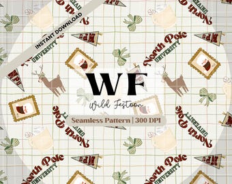 May include: A seamless pattern featuring a grid design with festive elements. The pattern includes pennants with "NPU" text, mugs, deer, bows, and framed images of Santa. The words "North Pole University" are also present.