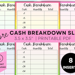 Printable Cash Breakdown Slip Printable Teller Slip Cash Withdrawal Slip Cash Denomination Slip Cash Budgeting Printable Cash Stuffing