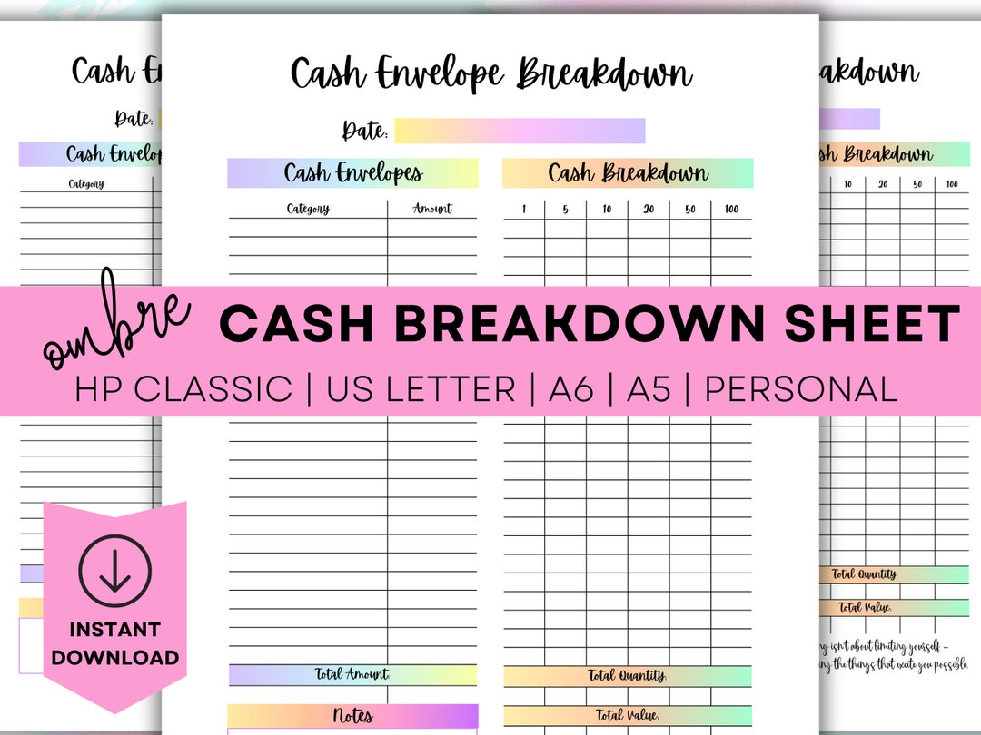 Printable Cash Envelope Breakdown Sheet Printable Cash Denomination